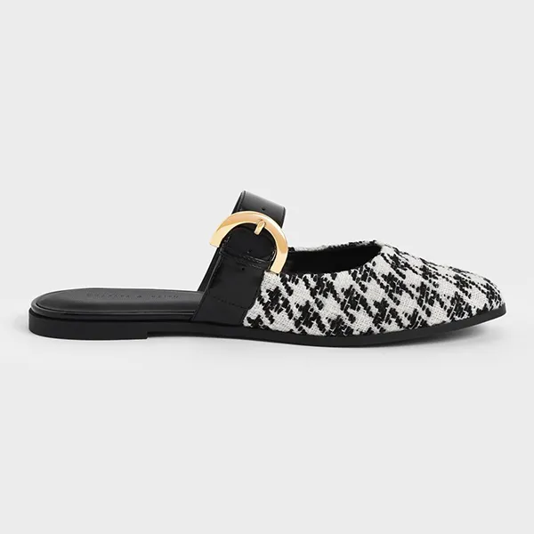 Giày Sục Nữ Charles & Keith CNK Studded Buckled Flat Mules Multi 70580187 Màu Đen Trắng Size 38