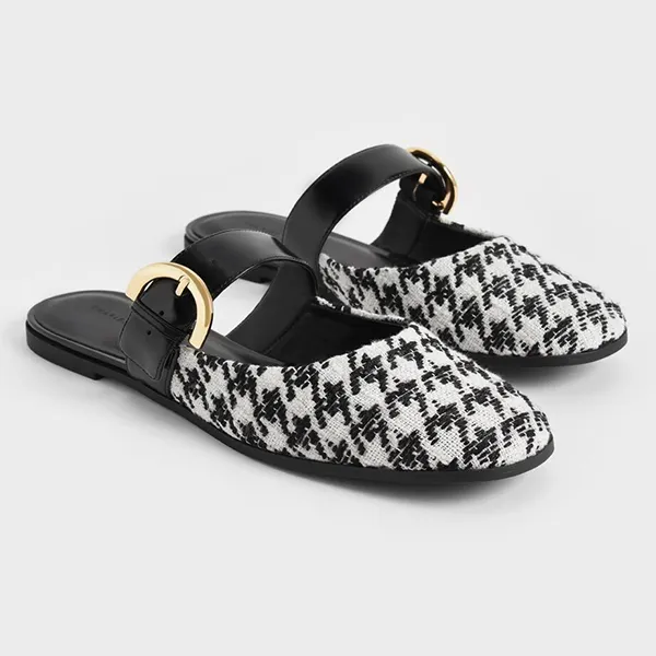 Giày Sục Nữ Charles & Keith CNK Studded Buckled Flat Mules Multi 70580187 Màu Đen Trắng Size 38