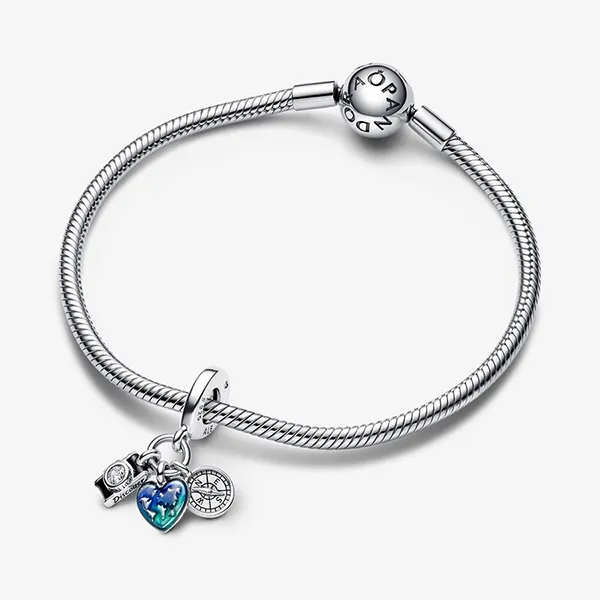 Hạt Vòng Charm Pandora Camera, Heart & Compass Triple Dangle 792703C01 Màu Bạc