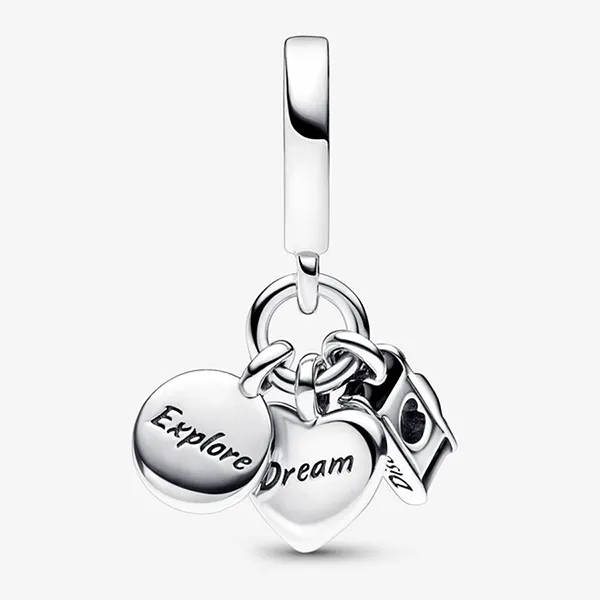Hạt Vòng Charm Pandora Camera, Heart & Compass Triple Dangle 792703C01 Màu Bạc