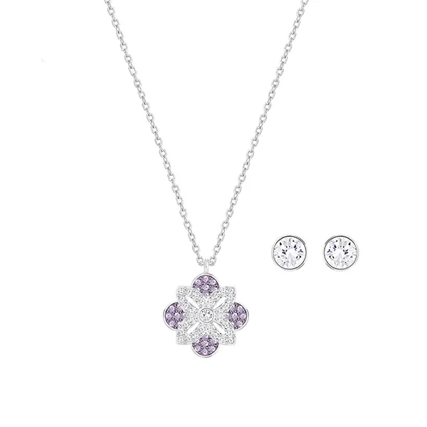 Set Dây Chuyền + Khuyên Tai Nữ Swarovski Duo Gourmet Romantic Clover Pattern Original 5258907 Màu Bạc Tím