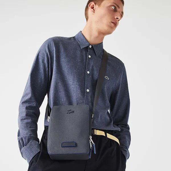 Túi Đeo Chéo Nam Lacoste Men's Chantaco Piqué Leather Vertical Crossover Bag NH3745RZJ47 Màu Xám Đen