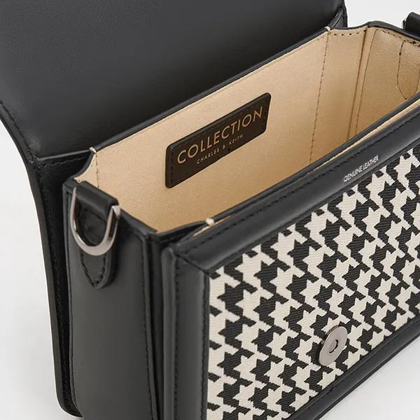 Túi Đeo Chéo Nữ Charles & Keith CNK Gabine Houndstooth Leather Crossbody Bag Multi 80271217 Màu Đen Trắng