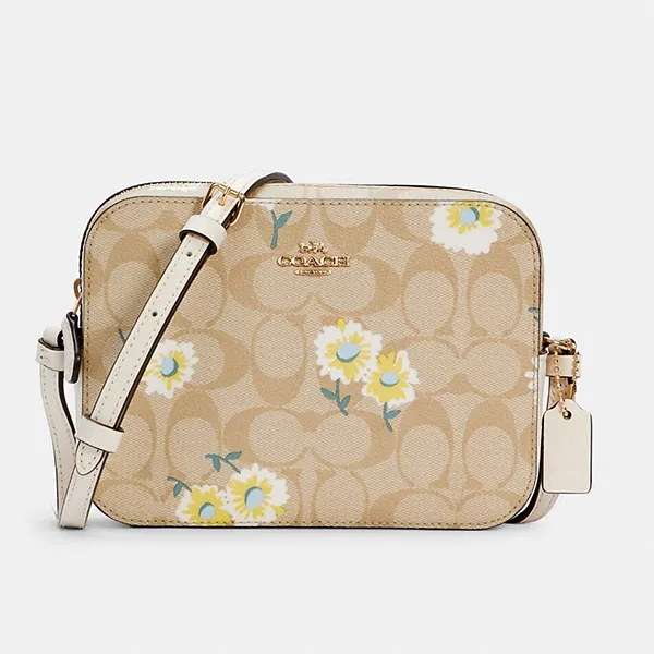 Túi Đeo Chéo Nữ Coach C3354 Mini Camera Bag In Signature Canvas With Daisy Print Màu Be