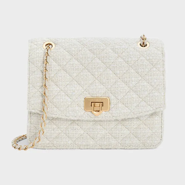 Túi Đeo Vai Nữ Charles & Keith CNK Cressida Tweed Chain Strap Bag 70782173-1 Màu Trắng