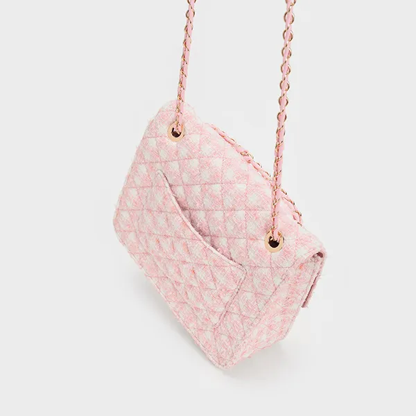 Túi Đeo Vai Nữ Charles & Keith CNK Cressida Tweed Chain Strap Bag 70782173-1 Màu Hồng Pastel