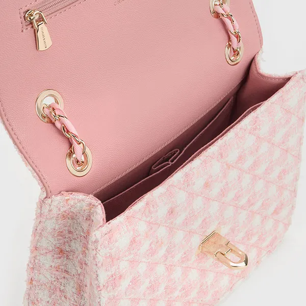 Túi Đeo Vai Nữ Charles & Keith CNK Cressida Tweed Chain Strap Bag 70782173-1 Màu Hồng Pastel