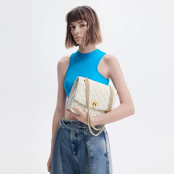 Túi Đeo Vai Nữ Charles & Keith CNK Cressida Tweed Chain Strap Bag 70782173-1 Màu Trắng