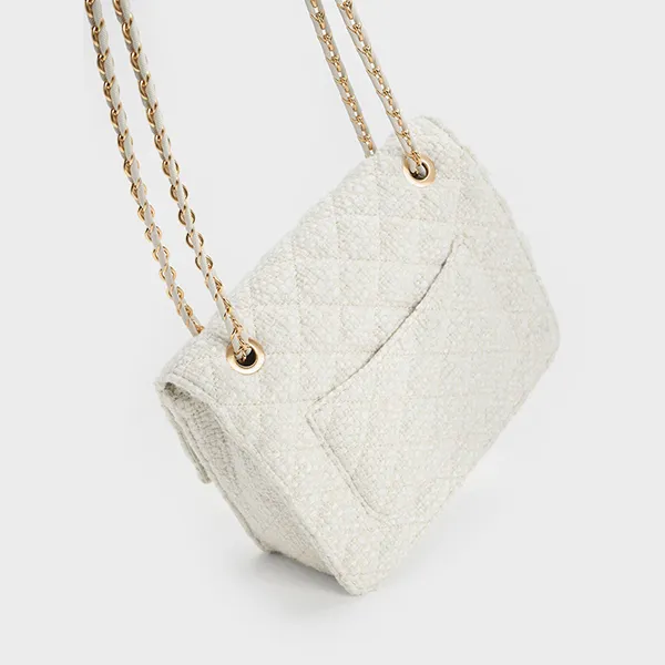 Túi Đeo Vai Nữ Charles & Keith CNK Cressida Tweed Chain Strap Bag 70782173-1 Màu Trắng