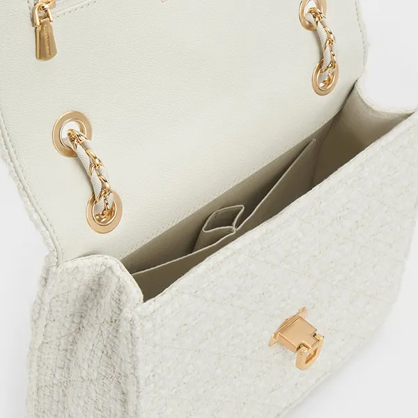 Túi Đeo Vai Nữ Charles & Keith CNK Cressida Tweed Chain Strap Bag 70782173-1 Màu Trắng