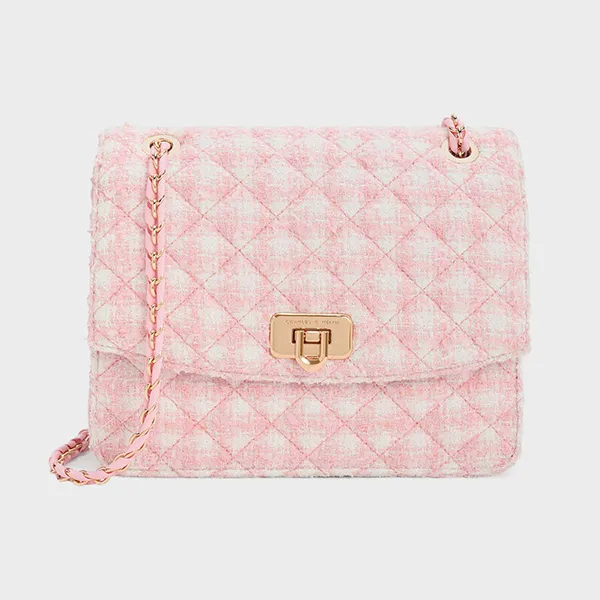 Túi Đeo Vai Nữ Charles & Keith CNK Cressida Tweed Chain Strap Bag 70782173-1 Màu Hồng Pastel
