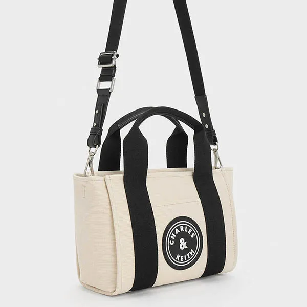 Túi Tote Nữ Charles & Keith CNK Canvas Contrast-Trim Bag Multi 30782192 Màu Trắng Đen