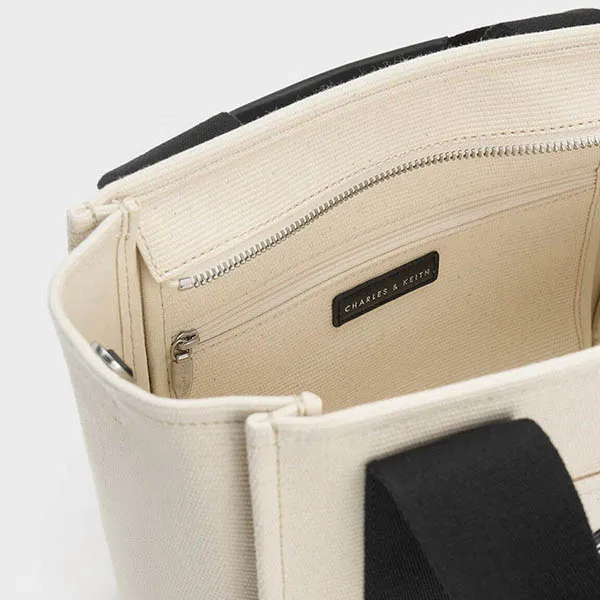 Túi Tote Nữ Charles & Keith CNK Canvas Contrast-Trim Bag Multi 30782192 Màu Trắng Đen