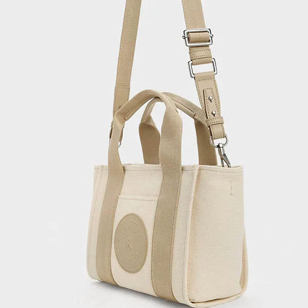 Túi Tote Nữ Charles & Keith CNK Canvas Contrast-Trim Bag Taupe 30782192 Màu Kem Nâu