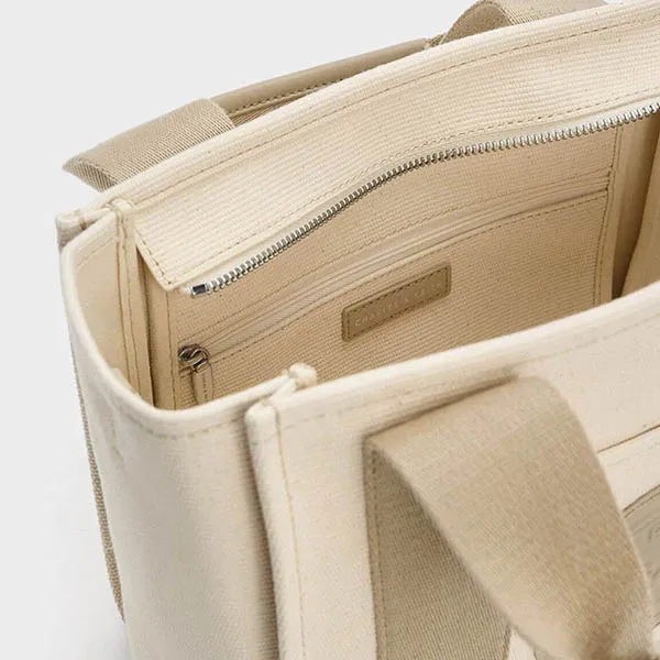 Túi Tote Nữ Charles & Keith CNK Canvas Contrast-Trim Bag Taupe 30782192 Màu Kem Nâu
