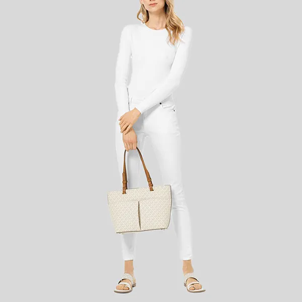 Túi Xách Nữ Michael Kors MK Bedford Medium Logo Tote Bag Màu Trắng - Túi xách - Vua Hàng Hiệu