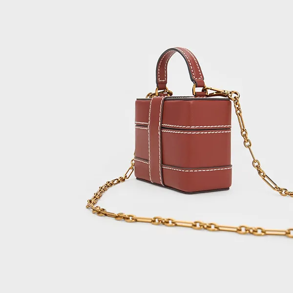 Túi Xách Nữ Charles & Keith CNK Mini Bronte Contrast Trim Top Handle Bag 51210040 Màu Nâu