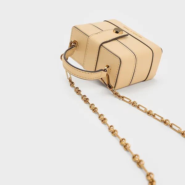 Túi Xách Nữ Charles & Keith CNK Mini Bronte Contrast Trim Top Handle Bag 51210040 Màu Beige