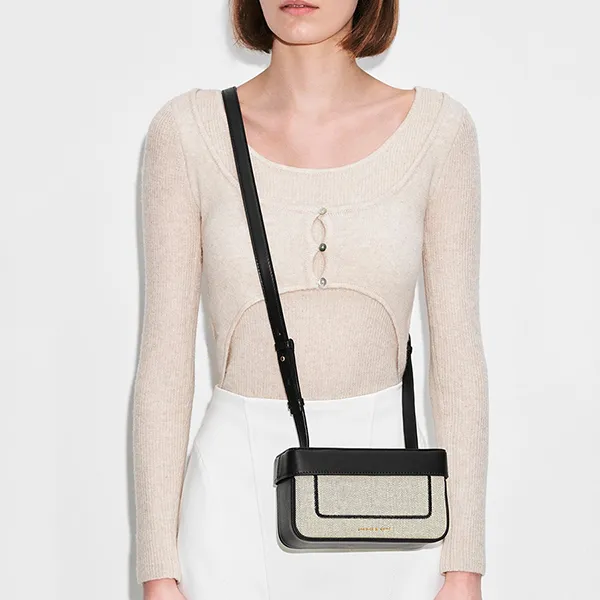 Túi Xách Tay Nữ Charles & Keith CNK Astra Canvas Contrast Trim Boxy Bag Black Textured 50701286 Màu Đen Phối Trắng