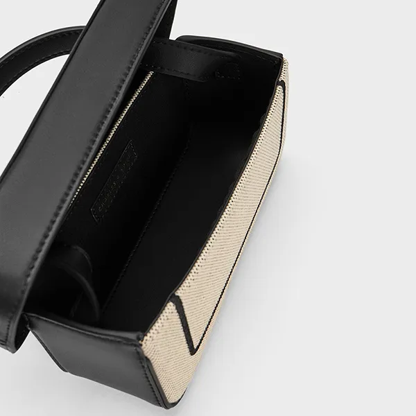 Túi Xách Tay Nữ Charles & Keith CNK Astra Canvas Contrast Trim Boxy Bag Black Textured 50701286 Màu Đen Phối Trắng