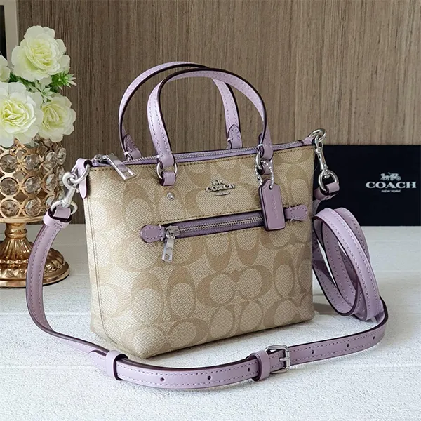 Túi Xách Nữ Coach Mini Gallery Crossbody In Signature Canvas Màu Be Phối Tím