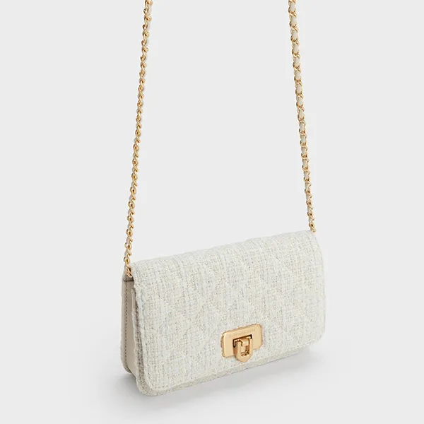 Ví Nữ Charles & Keith CNK Cressida Tweed Push-Lock Clutch - Chalk 70160131-1 Màu Trắng Kem