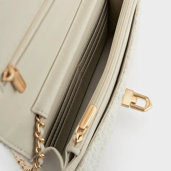 Ví Nữ Charles & Keith CNK Cressida Tweed Push-Lock Clutch - Chalk 70160131-1 Màu Trắng Kem