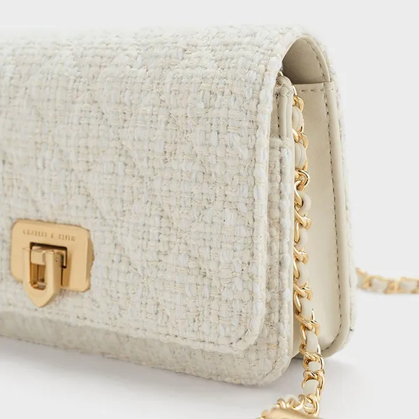 Ví Nữ Charles & Keith CNK Cressida Tweed Push-Lock Clutch - Chalk 70160131-1 Màu Trắng Kem