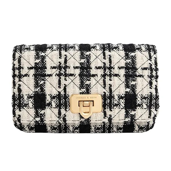 Ví Nữ Charles & Keith CNK Cressida Tweed Push-Lock Clutch - Multi 70160131-1 Màu Đen Trắng
