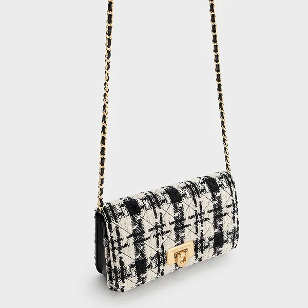 Ví Nữ Charles & Keith CNK Cressida Tweed Push-Lock Clutch - Multi 70160131-1 Màu Đen Trắng