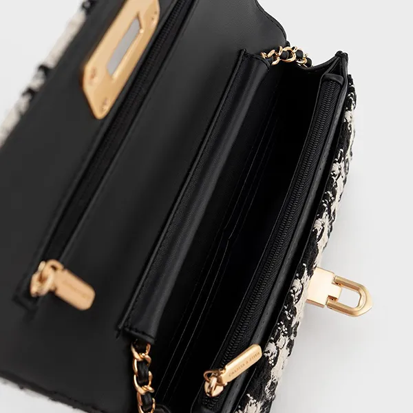 Ví Nữ Charles & Keith CNK Cressida Tweed Push-Lock Clutch - Multi 70160131-1 Màu Đen Trắng
