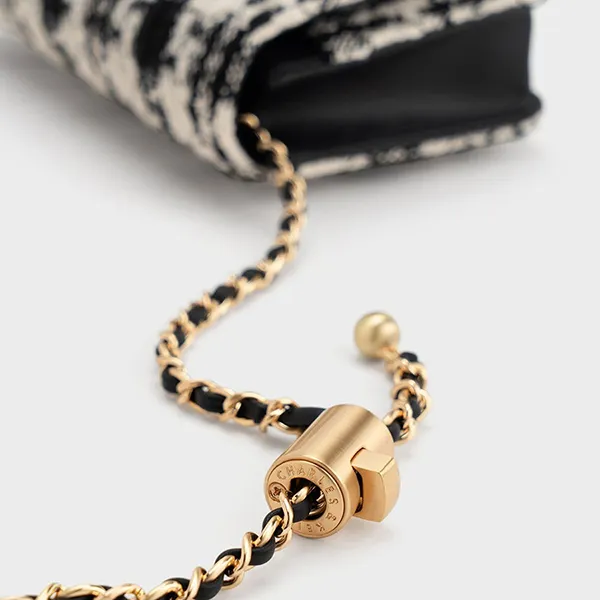 Ví Nữ Charles & Keith CNK Cressida Tweed Push-Lock Clutch - Multi 70160131-1 Màu Đen Trắng