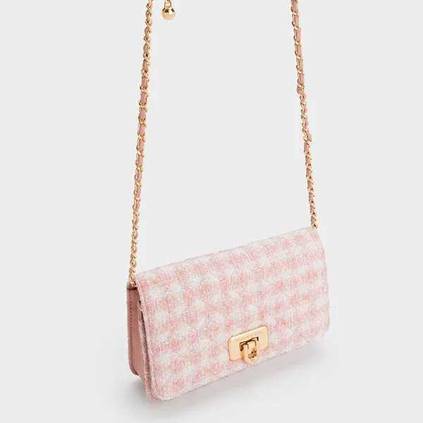 Ví Nữ Charles & Keith CNK Cressida Tweed Push-Lock Clutch - Pink 70160131-1 Màu Hồng