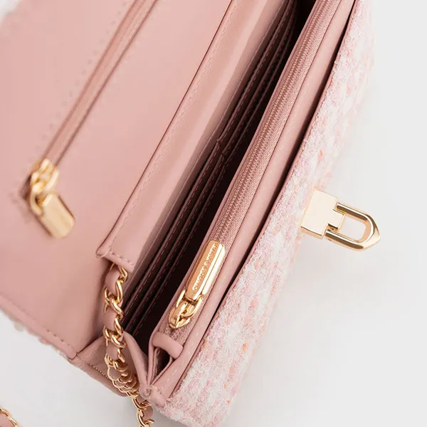 Ví Nữ Charles & Keith CNK Cressida Tweed Push-Lock Clutch - Pink 70160131-1 Màu Hồng