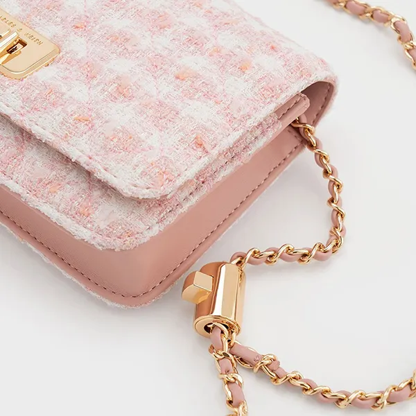 Ví Nữ Charles & Keith CNK Cressida Tweed Push-Lock Clutch - Pink 70160131-1 Màu Hồng