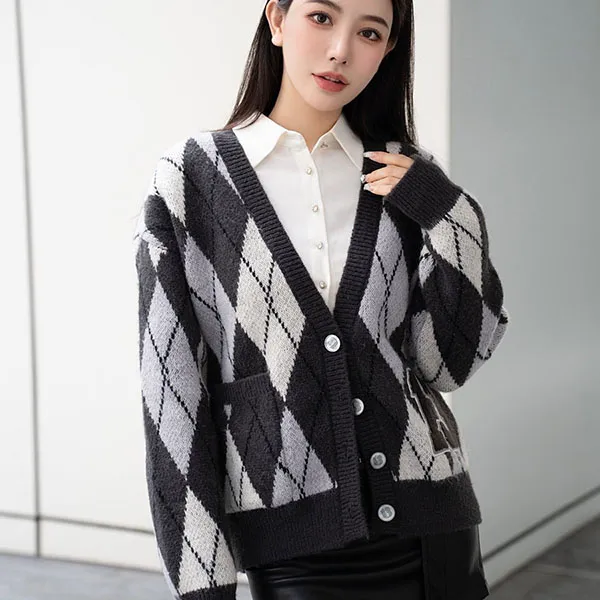 Áo Len Nữ 13 De Marzo SS2308 Vintage Diamond Pattern Cardigan Black Màu Đen Trắng - Thời trang - Vua Hàng Hiệu