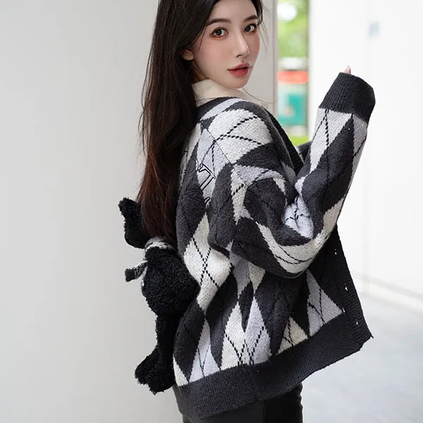 Áo Len Nữ 13 De Marzo SS2308 Vintage Diamond Pattern Cardigan Black Màu Đen Trắng - Thời trang - Vua Hàng Hiệu