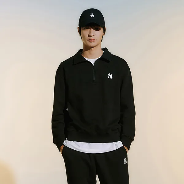 Áo Nỉ Sweater MLB Basic Small Logo Half Zip-up Overfit Sweatshirt New York Yankees 3AMTB0534-50BKS Màu Đen Size XS