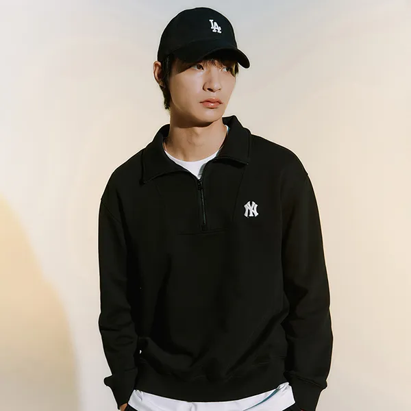 Áo Nỉ Sweater MLB Basic Small Logo Half Zip-up Overfit Sweatshirt New York Yankees 3AMTB0534-50BKS Màu Đen Size XS