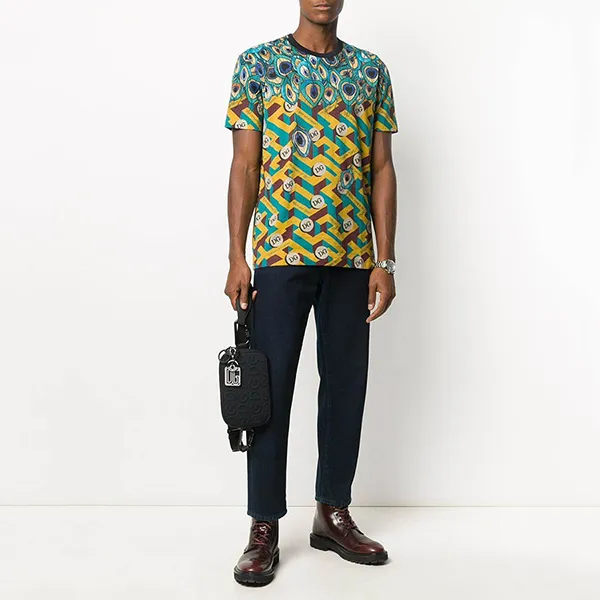 Áo Phông Nam Dolce & Gabbana D&G Feather-Print Cotton T-Shirt G8KBATFI7O2 Màu Xanh/Vàng Size 48