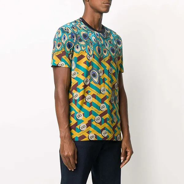 Áo Phông Nam Dolce & Gabbana D&G Feather-Print Cotton T-Shirt G8KBATFI7O2 Màu Xanh/Vàng Size 48