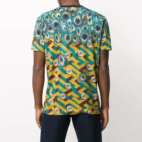 Áo Phông Nam Dolce & Gabbana D&G Feather-Print Cotton T-Shirt G8KBATFI7O2 Màu Xanh/Vàng Size 48