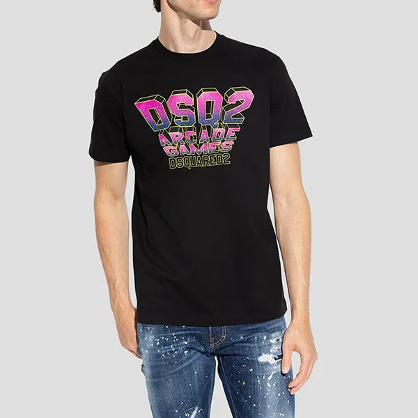 Áo Phông Nam Dsquared2 Black With Logo Pink Printed Tshirt S74GD1152 S23009 900 Màu Đen Size S