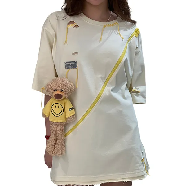 Áo Phông Nữ 13 De Marzo Beige Bear Broken Suture With Smiley Zipper Tshirt FR0004 02001 Màu Be