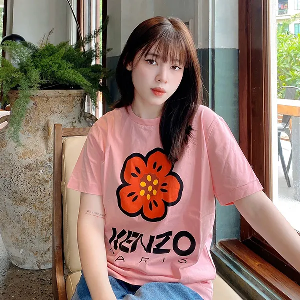 Áo Phông Nữ Kenzo Pink With Boke Flower Logo Printed Tshirt FD52TS0394SO30 Màu Hồng