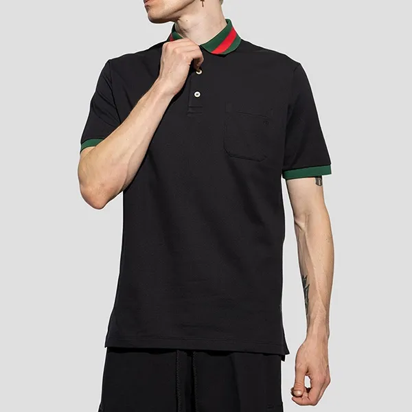 Áo Polo Nam Gucci Black With Web Collar Printed 701735 XJELJ/1043 Màu Đen