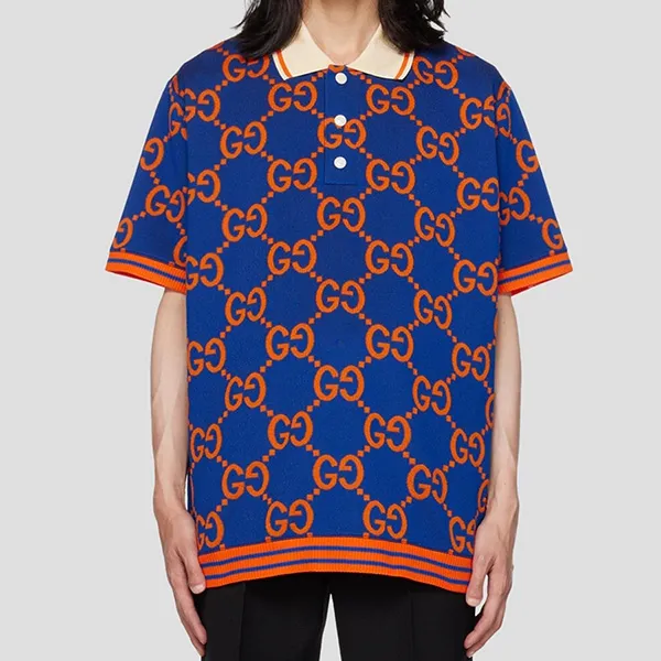 Áo Polo Nam Gucci Blue With GG Logo Orange Printed 752173 XJFSO/4102 Phối Màu