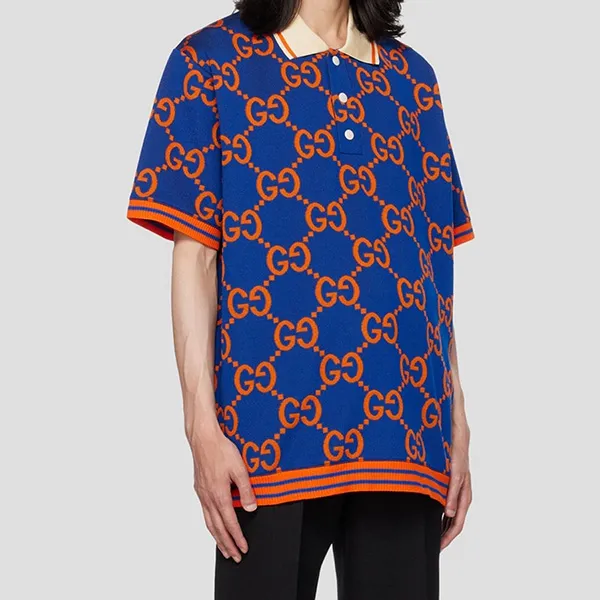 Áo Polo Nam Gucci Blue With GG Logo Orange Printed 752173 XJFSO/4102 Phối Màu