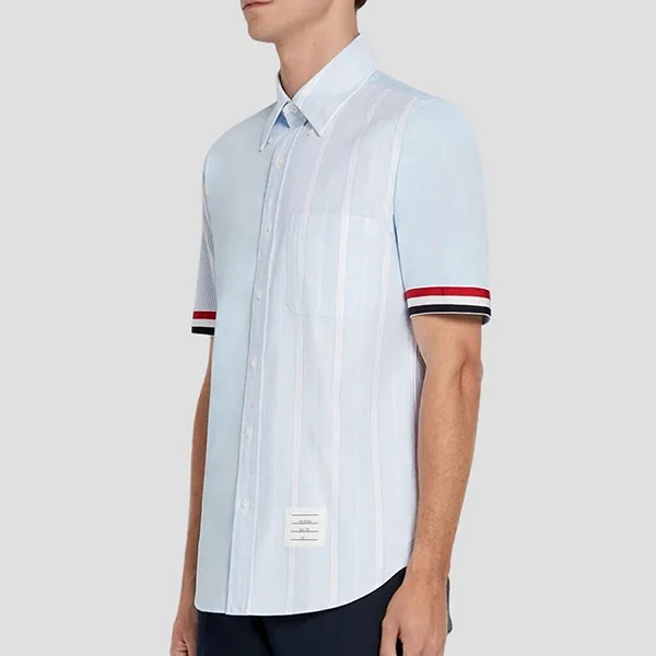 Áo Sơ Mi Cộc Tay Nam Thom Browne Light Blue Poplin Grosgrain Cuff MWS252F-03113-480 Màu Xanh Nhạt