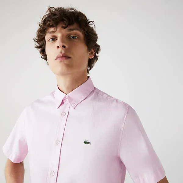 Áo Sơ Mi Nam Lacoste Men's Regular Fit Short Sleeve Cotton Shirt CH2944-00-ADY Màu Hồng Size 39
